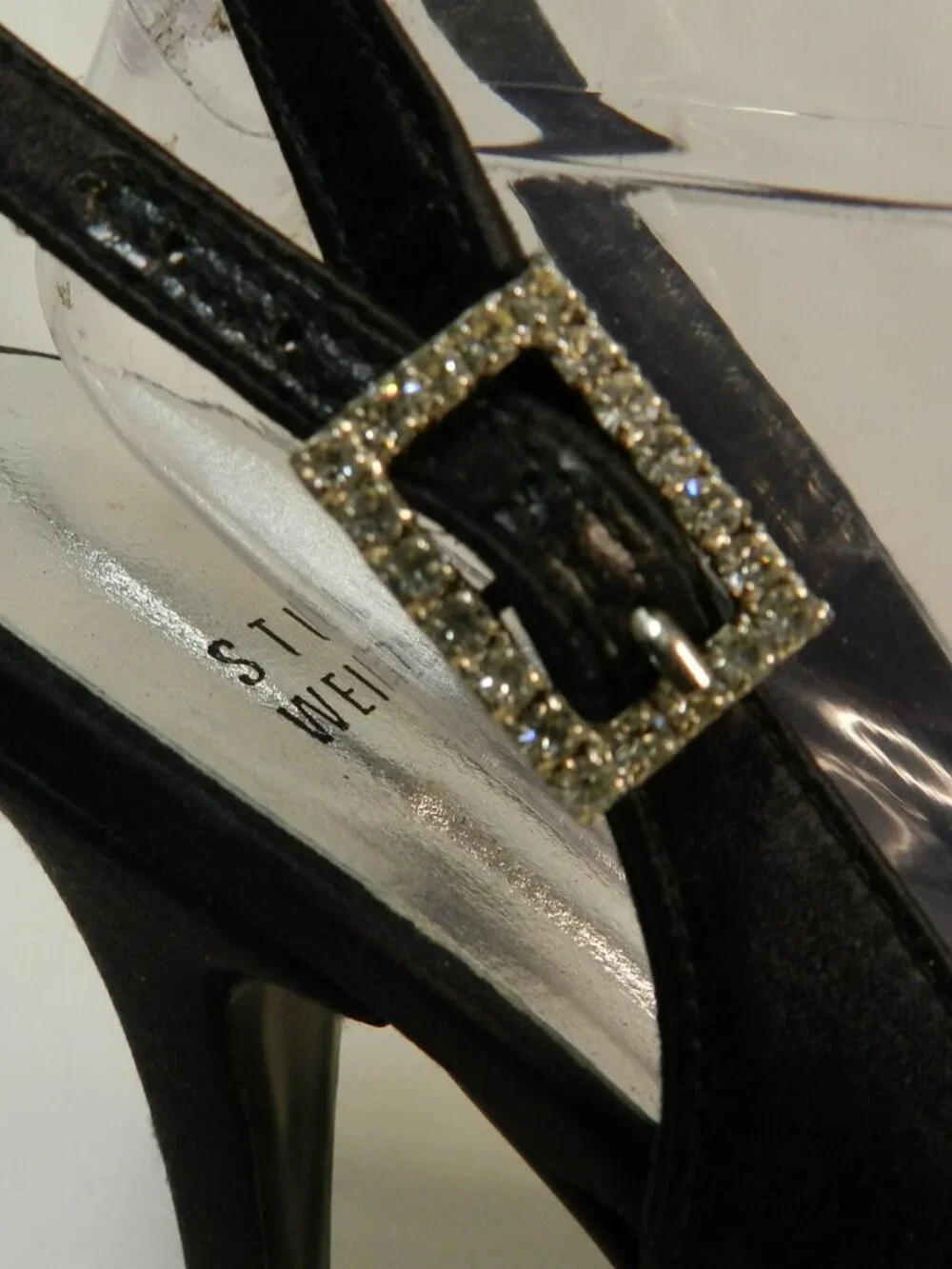 Stuart Weitzman Satin Leather Crystal Buckle black slingback peep toe heels 9.5